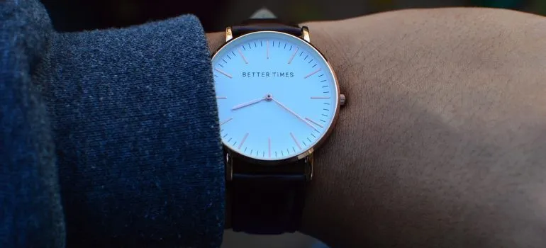 A person wearing a wrist watch, representing the punctuality of movers Rockville MD