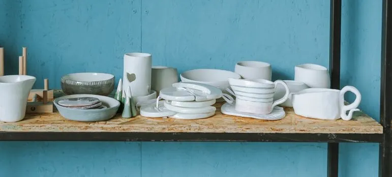 ceramics and pottery and the shelf