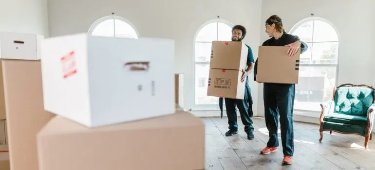 movers holding moving boxes