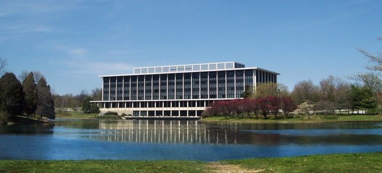 office building lake reflection