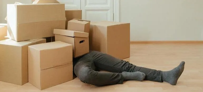 A person under a pile of moving boxes