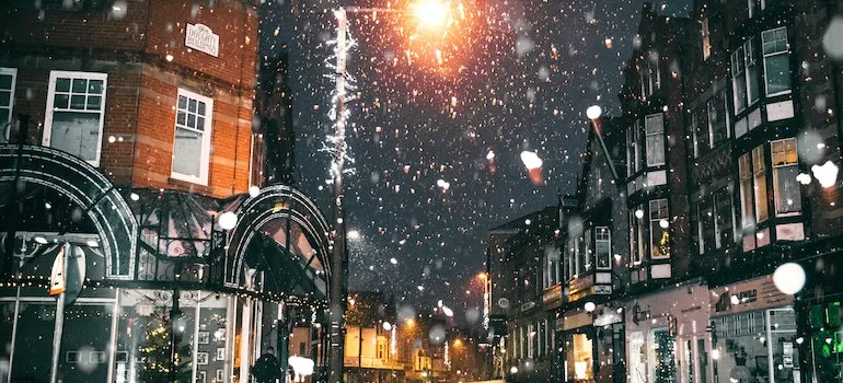 Rain and snow in a town