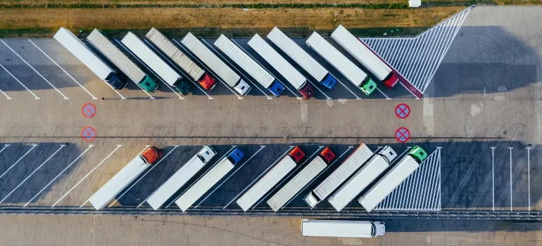 Moving trucks parked in rows