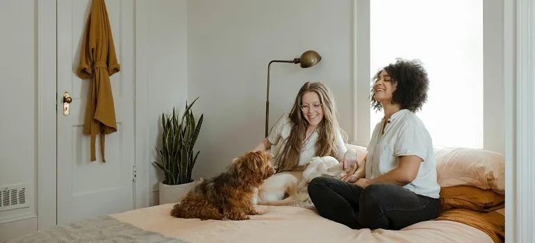 people after moving from Bethesda to Clarksburg with pets sitting in a new home