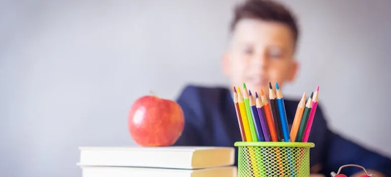 A couple of books, an apple, some pencils and a student.