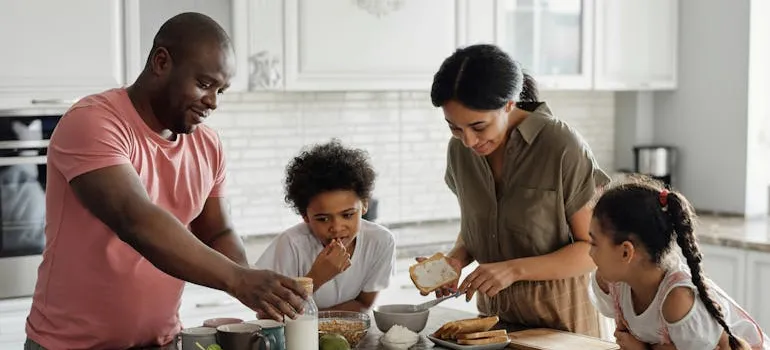 A family having a breakfast together.