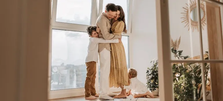 a happy family having a big hug