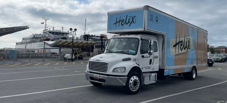 A moving truck on the road.
